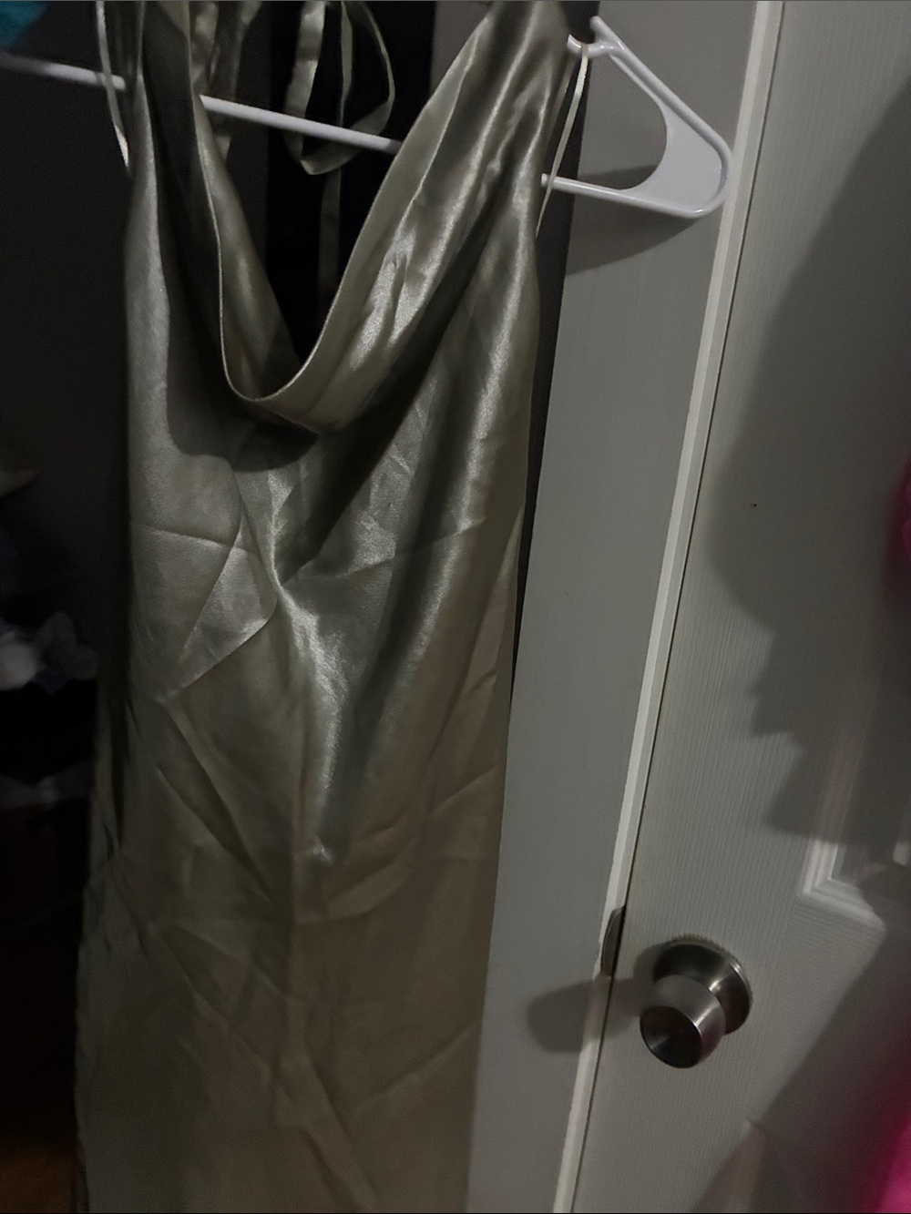 Main Strip Shimmery Taupe Satin Cowl Slip Dress